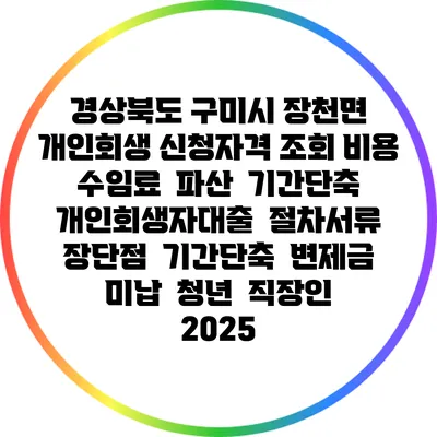 경상북도 구미시 장천면 개인회생 신청자격 조회 비용 수임료 | 파산 | 기간단축 | 개인회생자대출 | 절차서류 | 장단점 | 기간단축 | 변제금 미납 | 청년 | 직장인 2025