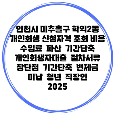 인천시 미추홀구 학익2동 개인회생 신청자격 조회 비용 수임료 | 파산 | 기간단축 | 개인회생자대출 | 절차서류 | 장단점 | 기간단축 | 변제금 미납 | 청년 | 직장인 2025