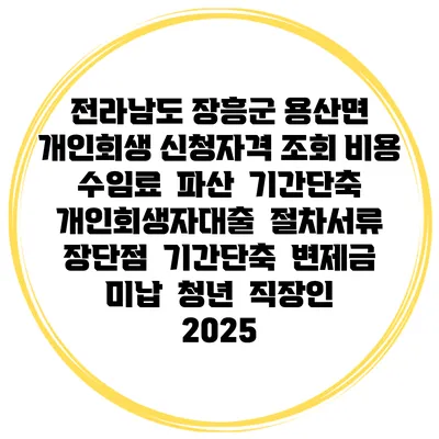 전라남도 장흥군 용산면 개인회생 신청자격 조회 비용 수임료 | 파산 | 기간단축 | 개인회생자대출 | 절차서류 | 장단점 | 기간단축 | 변제금 미납 | 청년 | 직장인 2025