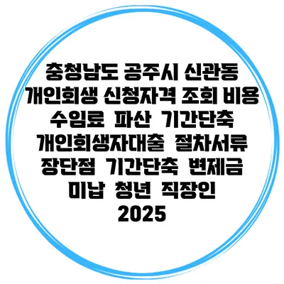 충청남도 공주시 신관동 개인회생 신청자격 조회 비용 수임료 | 파산 | 기간단축 | 개인회생자대출 | 절차서류 | 장단점 | 기간단축 | 변제금 미납 | 청년 | 직장인 2025